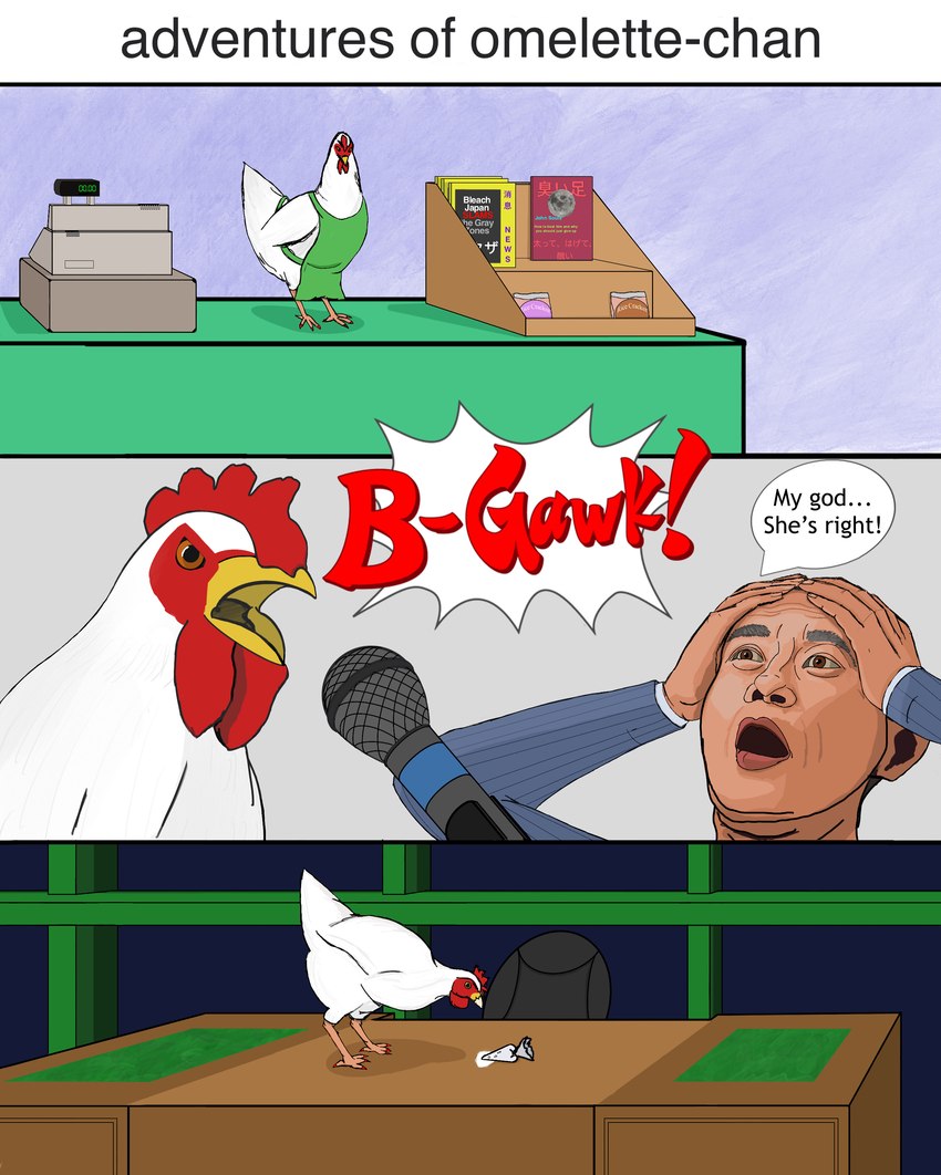 3_panel_comic amazed apron avian_caruncle bald beak book cash_register chair clothed clothing comb_(anatomy) counter desk dialogue duo electronics eyebrows feathers feet female feral folded_wings food furniture green_apron green_clothing hand_on_head head_crest icing icing_bag inside lips male microphone multicolored_body office office_chair on_counter on_desk onomatopoeia open_mouth orange_eyes orange_legs partially_clothed red_lips rice_cracker shelf sound_effects speech_bubble standing stylized_text table tail tail_feathers talons text toes vendor white_body white_feathers window wings wrinkles yelling yellow_beak meowspy sega yakuza:_like_a_dragon yakuza_(series) omelette_(yakuza) avian bird chicken galliform gallus_(genus) human mammal phasianid 2021 absurd_res colored comic digital_media_(artwork) english_text hi_res japanese_text shaded simple_shading