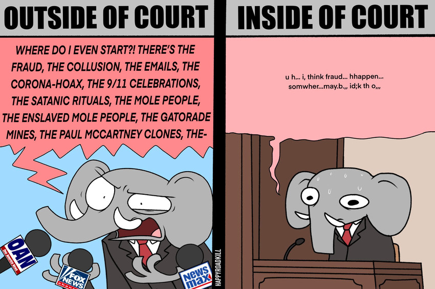 anthro bodily_fluids clothed clothing comparing court dialogue electronics humor male microphone newsmax political_cartoon politics solo suit sweat text tusks yelling happyroadkill fox_news republican george_o._pillsburry republican_elephant elephant elephantid mammal proboscidean 2021 comic digital_drawing_(artwork) digital_media_(artwork) english_text flat_colors hi_res