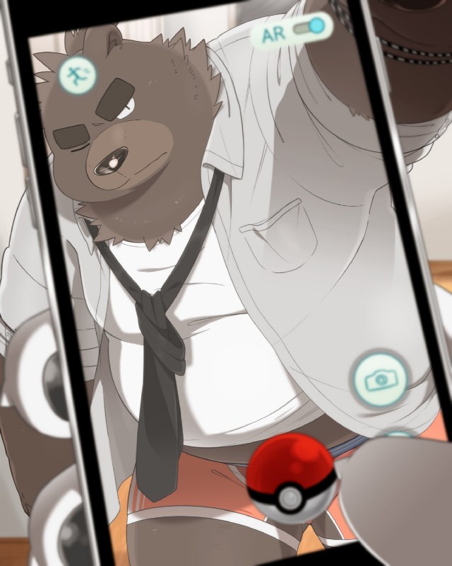 anthro brown_body brown_fur clothed clothing electronics fur male necktie one_eye_closed overweight overweight_anthro overweight_male phone pokeball shirt solo standard_pokeball topwear underwear wink hinami nintendo pokemon pokemon_go shiro_to_kuro american_black_bear bear black_bear mammal ursine 2016 4:5 hi_res