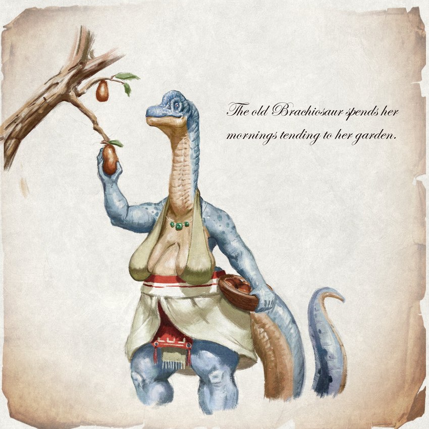 anthro blue_body blue_scales breasts clothing elderly elderly_female female long_neck mature_female sagging_breasts scales solo tail text upai breana_(upai) brachiosaurid brachiosaurus dinosaur prehistoric_species reptile sauropod sauropodomorph scalie 1:1 hi_res