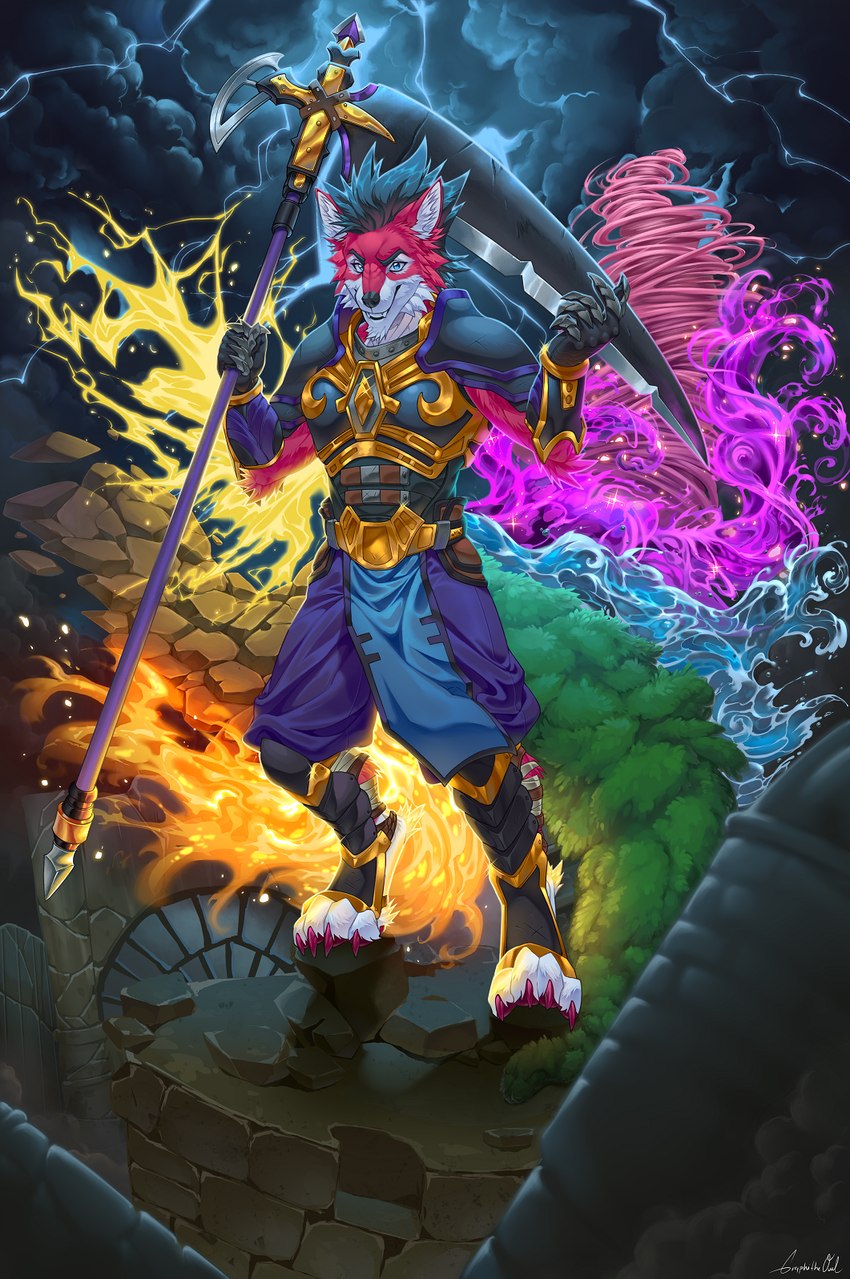 air_manipulation anthro armor black_hair black_nose blue_eyes claws clothed clothing darkness_manipulation darkness_tail earth_manipulation electricity electricity_manipulation elemental_manipulation fangs fire fire_manipulation flaming_tail fur hair inner_ear_fluff life_magic lightning lightning_tail magic magic_user male melee_weapon multi_tail multicolored_body muscular muscular_anthro muscular_male polearm red_body red_claws red_fur rock_tail ruins sacred_beast scythe smile smiling_at_viewer solo storm tail teeth tuft two_tone_body war_scythe warrior water_manipulation water_tail weapon white_body white_fur wind_tail graphite_midnight drredhusky83 jay_(drredhusky83) canid canine canis domestic_dog husky mammal nordic_sled_dog spitz hi_res