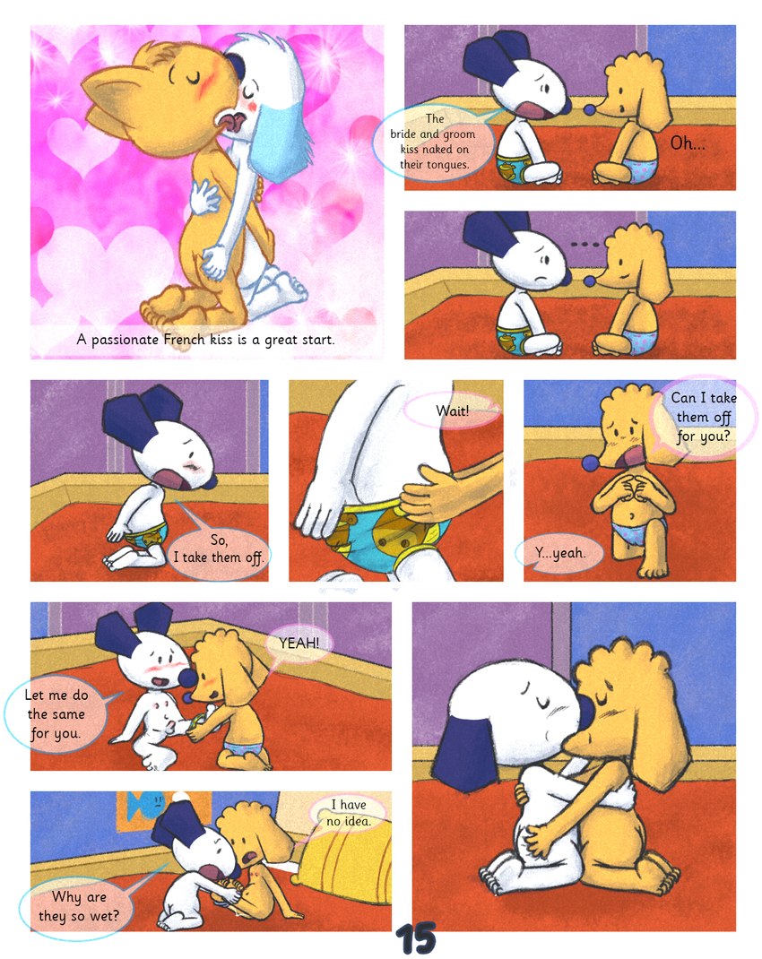 ambiguous_fluids anthro balls bedroom blue_clothing blue_ears blue_nose blue_panties blue_underwear blush bodily_fluids bottomwear butt butt_grab clothing dialogue duo embarrassed erection female floral_print french_kissing fur genital_fluids genitals hand_on_butt kissing licking_tongue male male/female navel nipples nude nude_anthro nude_female nude_male orange_body orange_fur panties penis pillow pink_nipples r-18 speech_bubble text underwear undressing undressing_another vaginal_fluids wet wet_clothing wet_panties wet_underwear white_body white_fur young young_anthro young_female young_male young_on_young cerberus966 bali_(series) bali tamara canid canine canis domestic_dog mammal comic english_text hi_res