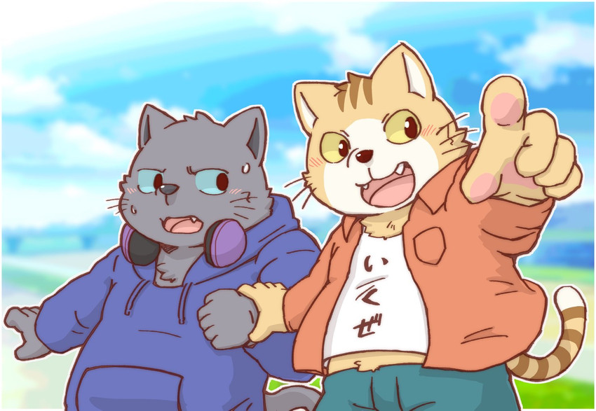 anthro black_body black_fur clothing cute_fangs duo electronics fangs fur headphones hoodie humanoid_hands kemono male outside shirt slightly_chubby teeth topwear kotadash working_buddies! kuehiko_roshihara tapio_chatarozawa domestic_cat felid feline felis mammal 2020