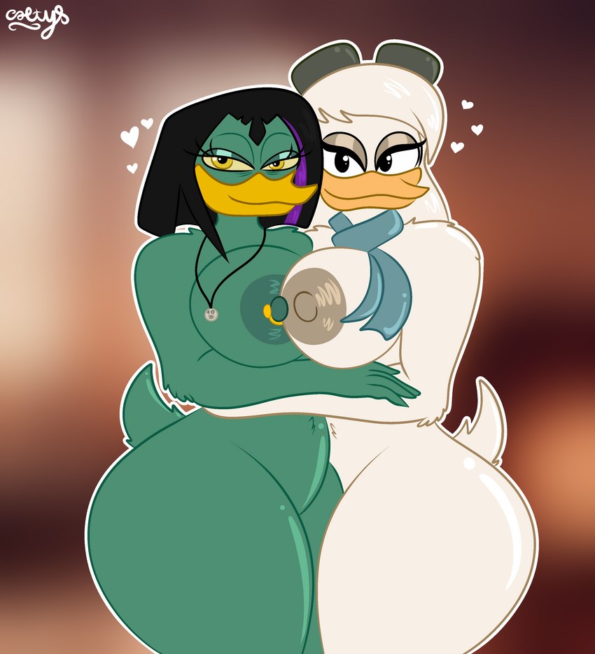 anthro bedroom_eyes big_breasts breasts coin dime duo female female/female flight_goggles heart_symbol holding_another huge_breasts jewelry looking_at_viewer narrowed_eyes necklace nipple_piercing nipples nude piercing pose scarf seductive smile tasteful_nudity v_bangs colty8 disney ducktales ducktales_(2017) della_duck magica_de_spell anatid anseriform avian bird duck absurd_res hi_res pinup