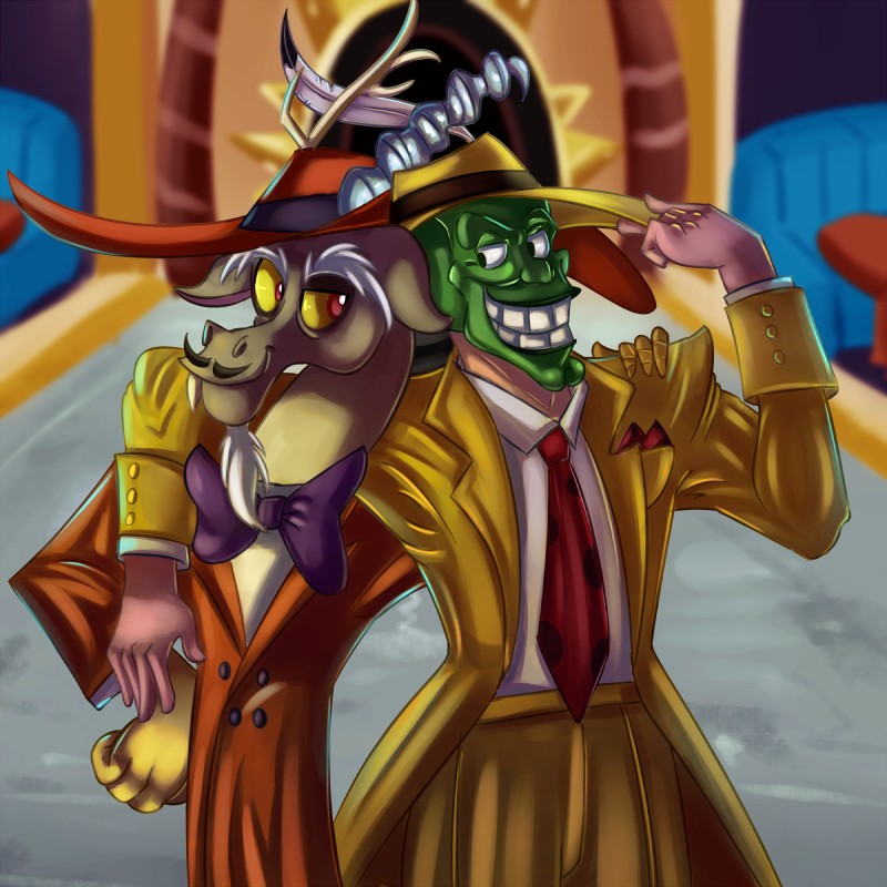 clothed clothing duo hat headgear headwear male smile suit teeth thediscorded friendship_is_magic hasbro my_little_pony the_mask discord_(mlp) the_mask_(character) chimera draconequus human mammal 1:1 2016 crossover hi_res