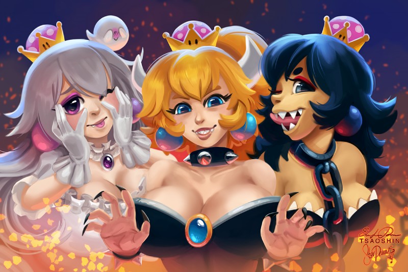 :> alternate_species big_breasts black_hair blonde_hair blue_eyes breasts claws close-up clothed clothing collar crossgender crown dress ear_piercing eyelashes fangs female gloves grey_eyes group hair handwear headgear horn humanized humanoidized long_hair looking_at_viewer mtf_crossgender not_furry one_eye_closed open_mouth piercing princess purple_eyes royalty sharp_teeth smile spiked_collar spikes super_crown teeth tongue tongue_out white_hair tsaoshin bowsette_meme luigi's_mansion mario_bros new_super_mario_bros._u_deluxe nintendo boosette bowser chompette king_boo boo_(mario) chain_chomp ghost horned_humanoid human humanoid mammal spirit 3:2 digital_media_(artwork) digital_painting_(artwork) meme painting_(artwork)