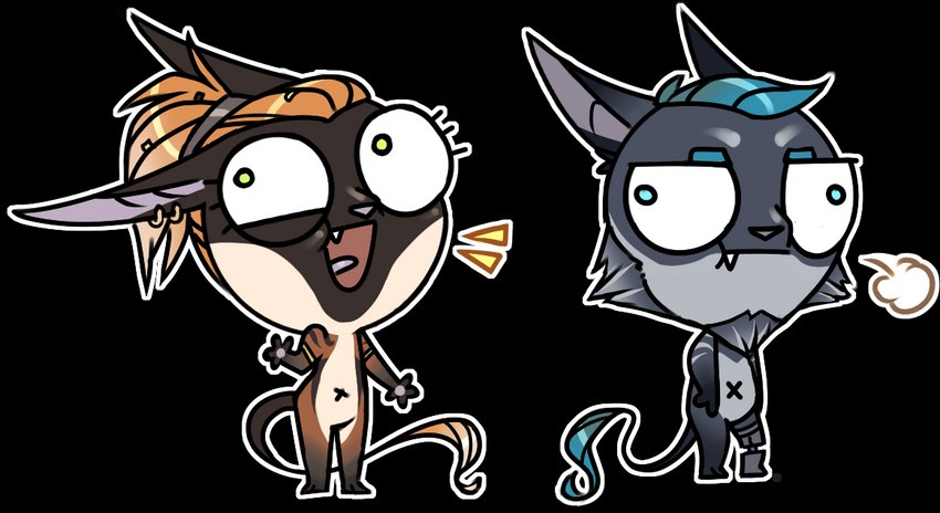 annoyed anthro beard blue_eyes blue_hair brown_body brown_fur chibi derp_eyes duo ear_piercing ear_ring facial_hair fangs female fur green_eyes grey_body grey_fur grumpy hair long_hair long_tail male navel nude orange_hair piercing prosthetic prosthetic_limb ring_piercing tail tail_tuft talking_to_another teeth tongue tuft saoirsedeer akilah_(rusty)_nahas ghorah_(hexo)_khar acrador bat canid canine canis jackal mammal 2023 alpha_channel digital_media_(artwork)