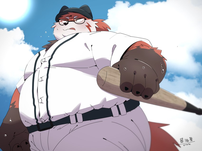 anthro baseball_bat baseball_uniform bat_(object) belly big_belly black_nose bottomwear brown_body clothing cloud eyewear glasses hat headgear headwear humanoid_hands kemono male overweight overweight_male pants red_body shirt solo sportswear topwear uniform uokkom canid canine canis domestic_dog mammal 2024 hi_res