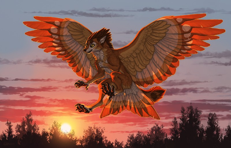 4_toes 5_fingers anthro brown_body brown_feathers day detailed_background feathered_wings feathers feet fingers flying male outside sky solo sun toes wings yellow_eyes katie_hofgard nym_(katie_hofgard) alecani avian canid canine hybrid mammal 2013 digital_media_(artwork)