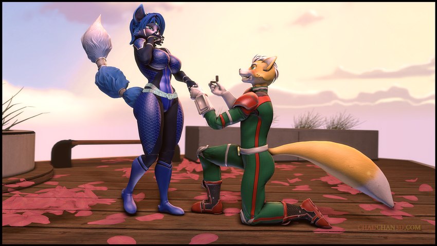 anthro bending_knees black_border blush border canon_couple clothing digit_ring evening female hand_holding jewelry male male/female proposal ring smile spacesuit surprised_expression uniform wedding_ring chadchan3d nintendo star_fox warfare_machine fox_mccloud krystal_(star_fox) warfare_fox warfare_krystal canid mammal 3d_(artwork) digital_media_(artwork) hi_res source_filmmaker_(artwork)