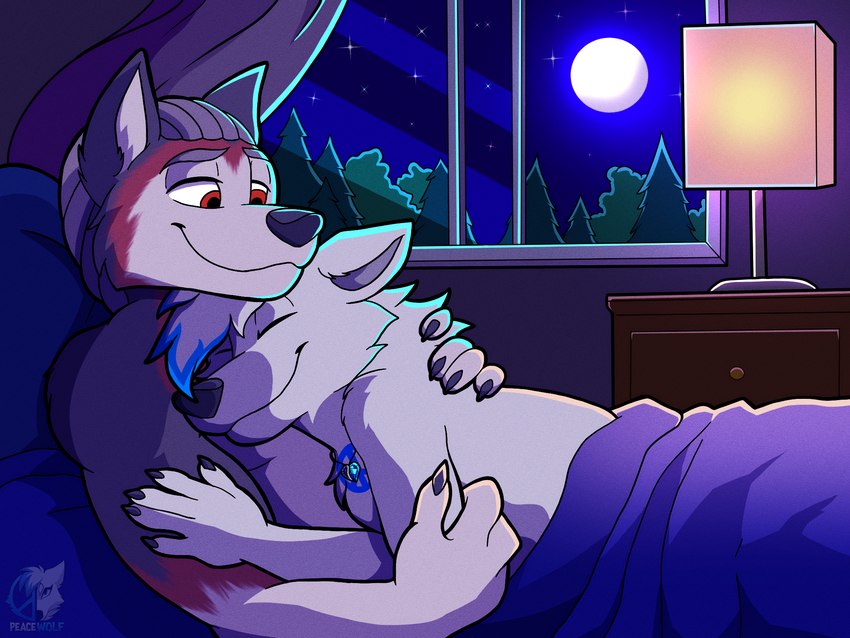 anthro bed bedding cuddling curtains duo female fur furniture head_on_chest hug jewelry lamp light male male/female moon moonlight night peace_symbol plant red_eyes romantic romantic_couple sleeping tree window peacewolfactual gokan_(gokanthehusky) peacewolf_(character) canid canine canis domestic_dog husky mammal nordic_sled_dog spitz wolf 4:3 hi_res