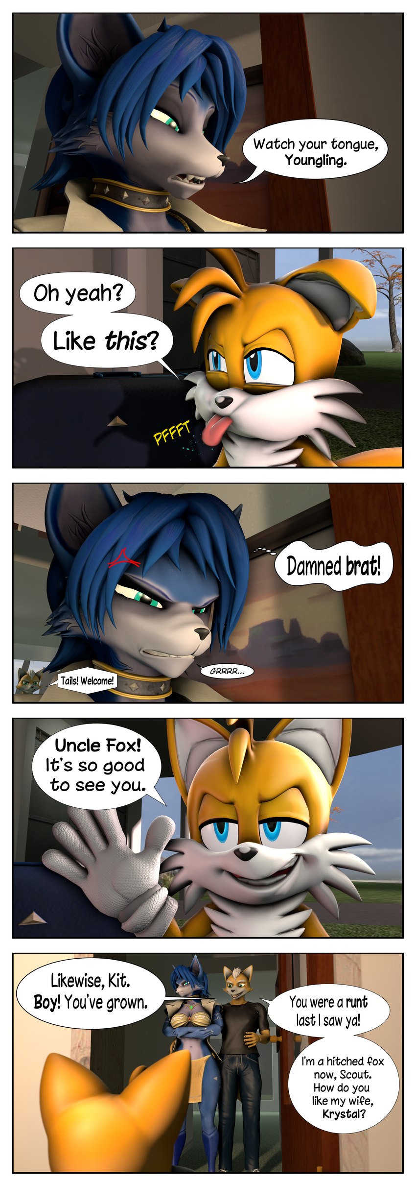 anthro blowing_raspberries bodily_fluids cocky_smile dialogue female making_faces male male/female mocking pbbt pbbth pfft rude sound_effects taunting teasing text tongue tongue_out young young_anthro chadchan3d nintendo sega sonic_the_hedgehog_(series) star_fox warfare_machine fox_mccloud krystal_(star_fox) miles_prower warfare_fox warfare_krystal canid canine fox mammal 3d_(artwork) absurd_res comic crossover digital_media_(artwork) english_text hi_res