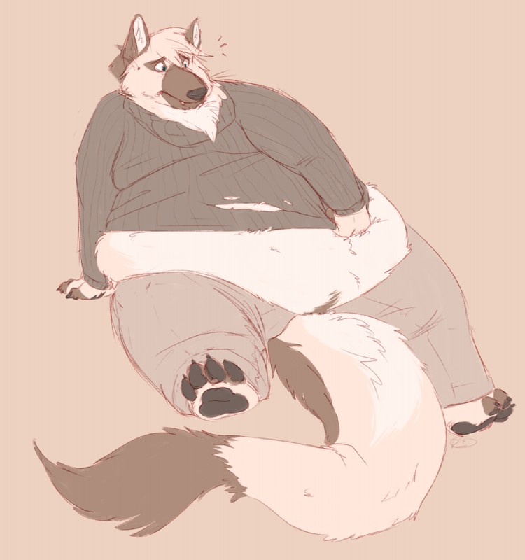 anthro arm_support barefoot belly big_belly biped brown_body brown_fur claws clothed clothing feet fur love_handles male midriff obese obese_anthro obese_male overweight overweight_anthro overweight_male pawpads simple_background solo sweater tan_body tan_fur thick_thighs toe_claws topwear torn_clothing makogu canid canine canis domestic_dog german_shepherd herding_dog mammal pastoral_dog