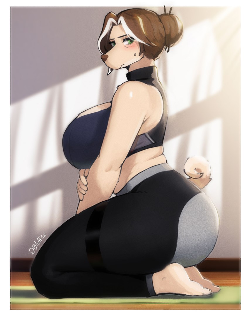 5_fingers anthro barefoot big_breasts big_butt black_bottomwear black_clothing black_pants blush bodily_fluids bottomwear bra breasts brown_hair butt clothed clothing exercise_clothing feet female fingers green_eyes hair highlights_(coloring) huge_breasts looking_at_viewer mature_female middle_aged pants slightly_chubby slightly_chubby_female solo sports_bra sweat sweatdrop tail thick_thighs tight_bottomwear tight_clothing tight_pants underwear white_highlights yoga_mat yoga_pants 00niine elysia_(00niine) canid canine canis domestic_dog mammal 2024 hi_res signature