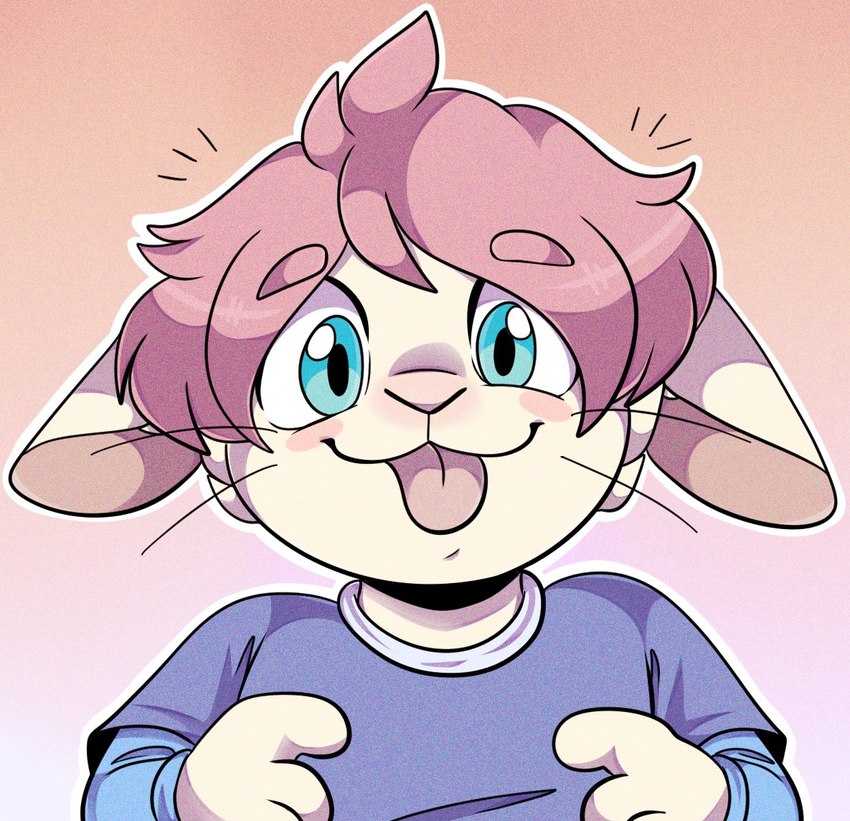 ahoge anthro blep blue_eyes blush cheek_tuft facial_tuft floppy_ears hair hand_on_chest layered_clothing male pink_hair solo tongue tongue_out tuft whiskers rondograzioso joshie_(calahootheyeen) hare lagomorph leporid mammal rabbit