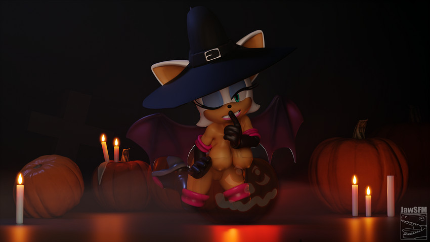 anthro big_breasts black_background breasts candle clothed clothing female food fruit genitals hat headgear headwear holidays mostly_nude nipples nude one_eye_closed partially_clothed plant pumpkin pussy simple_background solo translucent wings wink witch_hat jawsfm halloween sega sonic_the_hedgehog_(series) rouge_the_bat bat mammal 16:9 3d_(artwork) digital_media_(artwork) hi_res widescreen