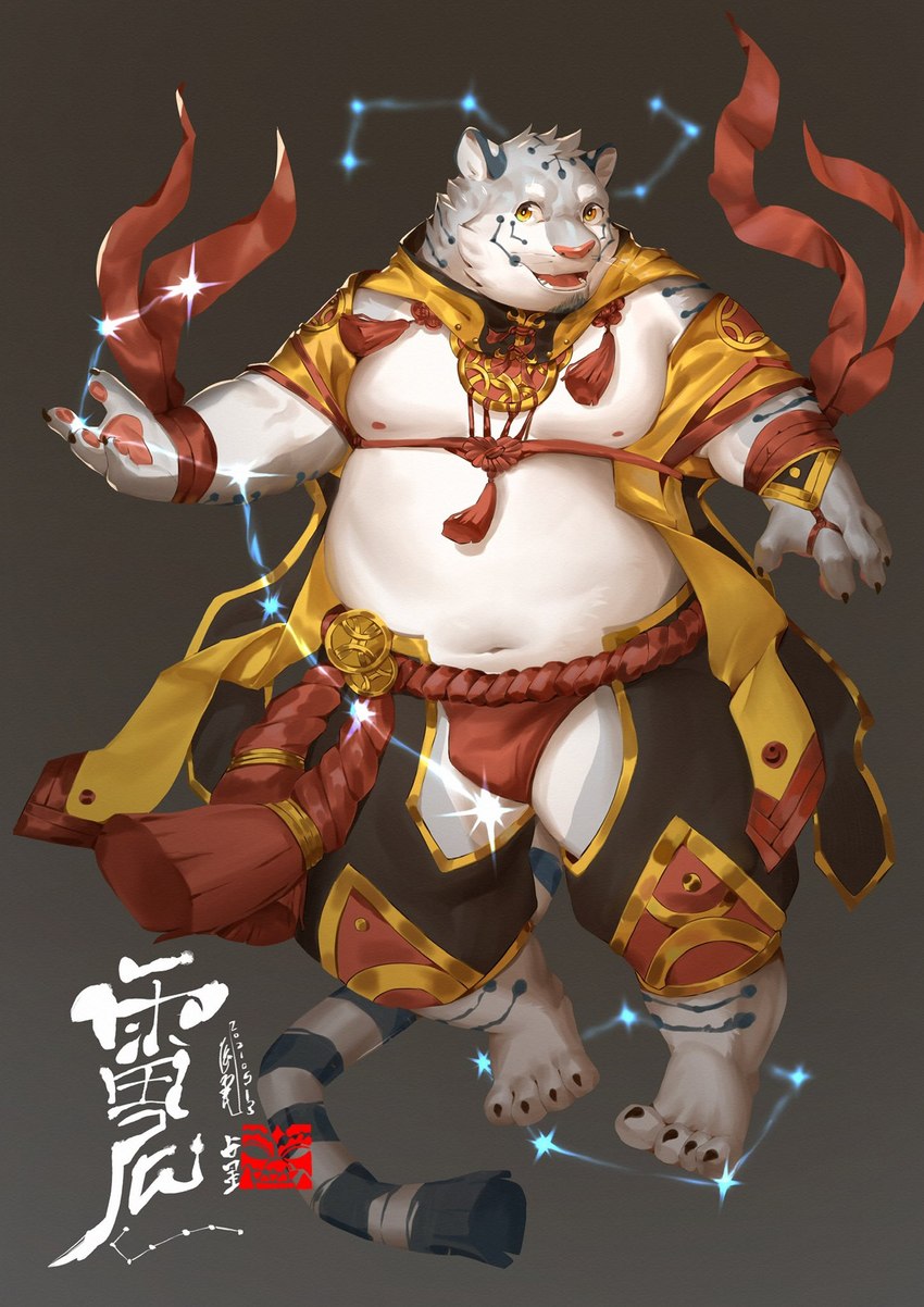 anthro asian_clothing belly clothing east_asian_clothing fundoshi fur humanoid_hands japanese_clothing kemono male moobs navel nipples overweight overweight_anthro overweight_male solo underwear white_body white_fur jmeo1230 felid feline mammal 2021 hi_res