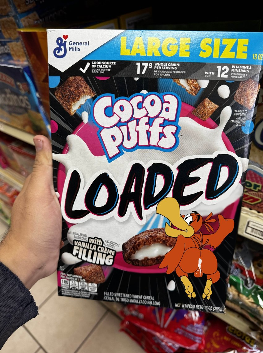 anthro beak bodily_fluids butt cereal_box cereal_mascot cum cum_in_ass cum_inside genital_fluids gesture hand_gesture male mascot thumbs_up omeggaomelette cocoa_puffs general_mills sonny_the_cuckoo_bird avian bird 2024 digital_drawing_(artwork) digital_media_(artwork) hi_res photography_(artwork)