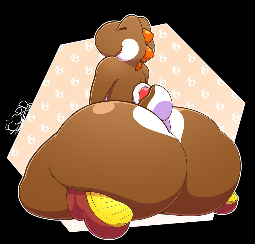 ambiguous_gender anthro big_butt biped butt clothing footwear footwear_only huge_butt hyper hyper_butt mostly_nude open_mouth rear_view shoes shoes_only simple_background sitting smile solo thick_thighs wide_hips thelewdshi mario_bros nintendo brown_yoshi yoshi 2023 digital_media_(artwork) hi_res