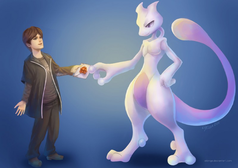 ambiguous_gender anthro bottomwear brown_hair clothed clothing duo footwear hair letter male pants shirt shoes standing topwear eldrige nintendo pokemon masahiro_sakurai felid generation_1_pokemon human legendary_pokemon mammal mewtwo pokemon_(species) 2014