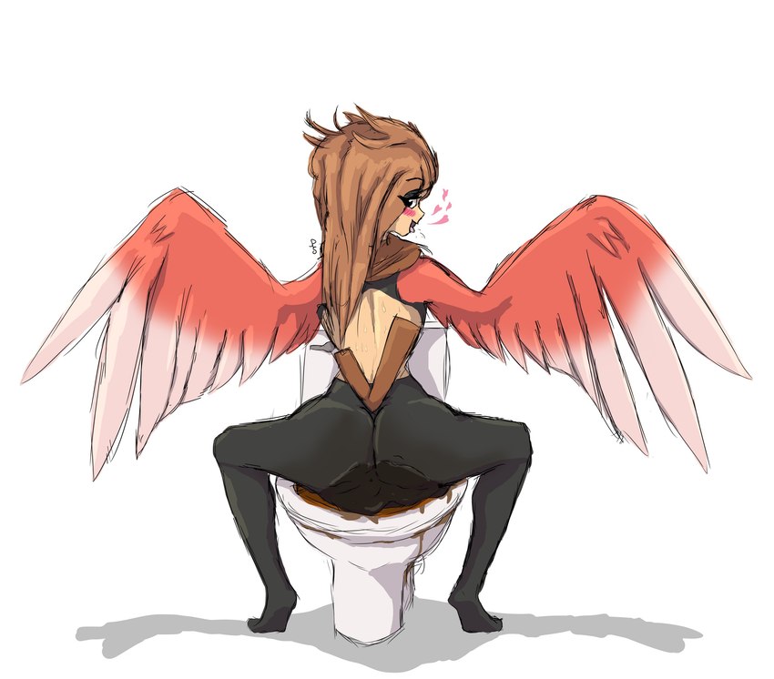 anthro brown_hair feces female hair rear_view scatplay soiling solo toilet wings floofykinkumiho nintendo pokemon generation_1_pokemon human mammal pokemon_(species) spearow absurd_res hi_res