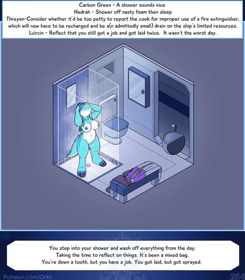 anthro bathroom breasts claws female genitals hair nipples non-mammal_breasts nude pussy shower solo standing tail text text_box water wet drxii kobold_quest blueberry_kobold kobold reptile scalie digital_media_(artwork) english_text hi_res url