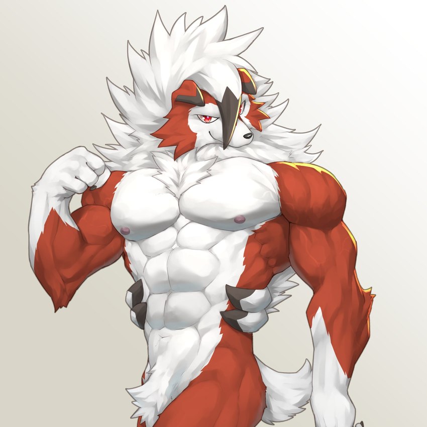 abs anthro fur looking_at_viewer male muscular muscular_anthro muscular_male navel nipples pecs red_body red_eyes red_fur solo white_body white_fur captainjohkid nintendo pokemon canid canine generation_7_pokemon lycanroc mammal midnight_lycanroc pokemon_(species) 1:1 hi_res