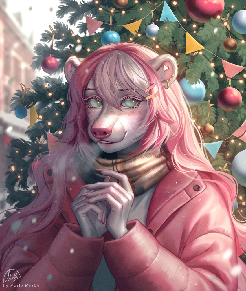 anthro blind blue_eyes christmas_tree clothed clothing disability ear_piercing ear_ring ear_stud eyelashes female front_view fur gauged_ear glistening glistening_eyes hair holidays jacket no_pupils outside piercing pink_clothing pink_hair pink_jacket pink_topwear plant ring_piercing scarf smile snow snowing solo tan_scarf topwear tree white_body white_clothing white_fur white_topwear marie_merkh christmas bear mammal absurd_res bust_portrait hi_res portrait