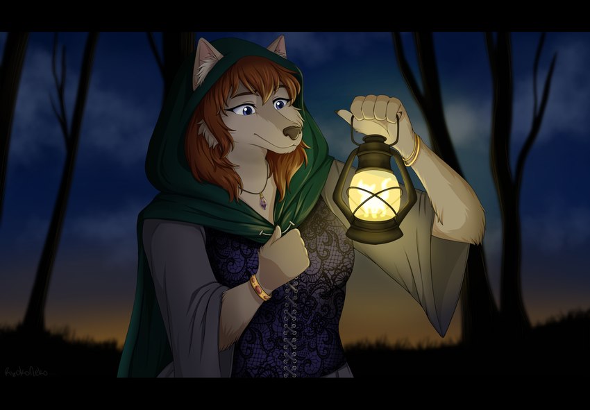 anthro blue_eyes breasts brown_body brown_fur brown_hair female fur green_hood grey_body grey_fur hair holding_lamp inner_ear_fluff jewelry night outside pendant plant smile solo tree tuft ryokoneko canid mammal 2023 half-length_portrait hi_res portrait