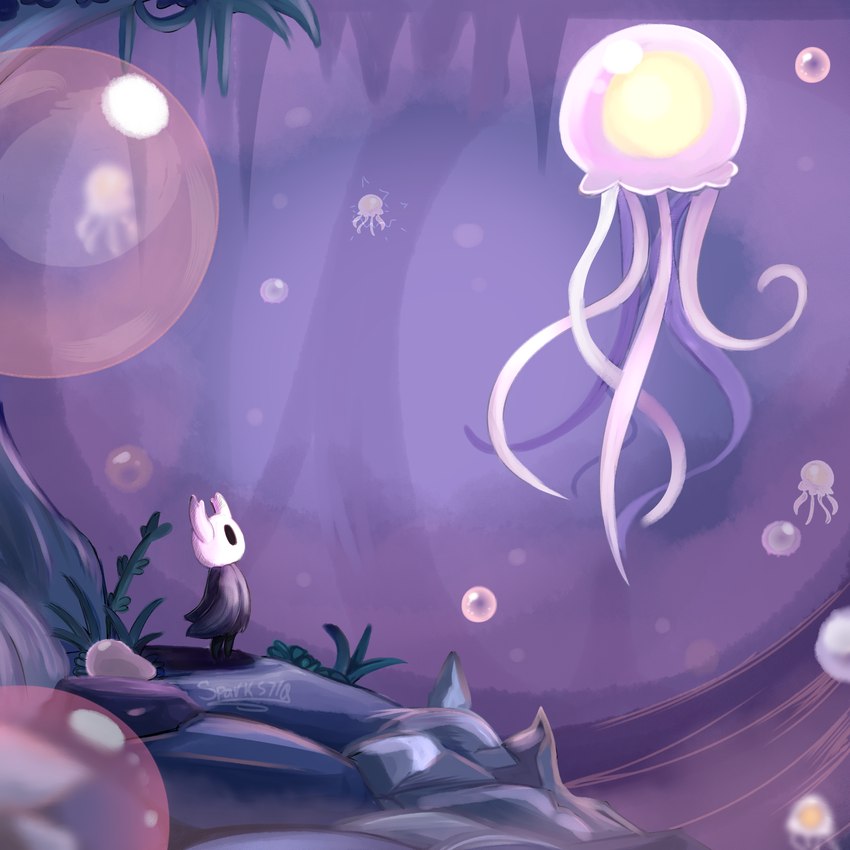 2_horns ambiguous_gender biped black_eyes black_legs bubble cloak clothing feral floating horn looking_at_another solo standing white_head sparks710 hollow_knight team_cherry the_knight_(hollow_knight) cnidarian jellyfish marine medusozoan vessel_(species) 1:1 2024 absurd_res digital_media_(artwork) hi_res