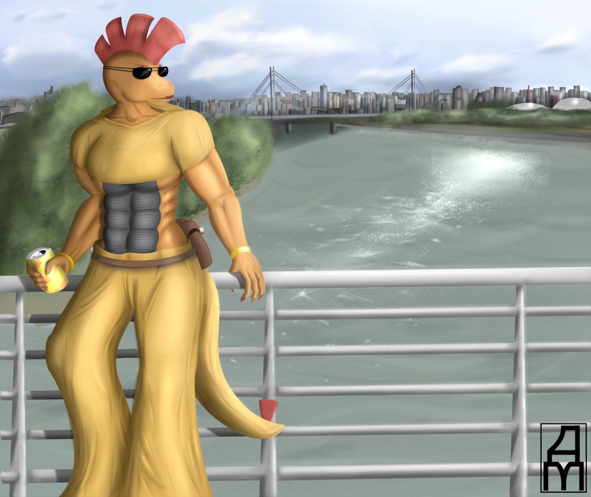 anthro beverage_can bridge building clothing day eyewear light lips looking_back male mohawk outside red_lips sky solo sunglasses sunlight daxm nintendo pokemon generation_5_pokemon pokemon_(species) scrafty digital_media_(artwork)