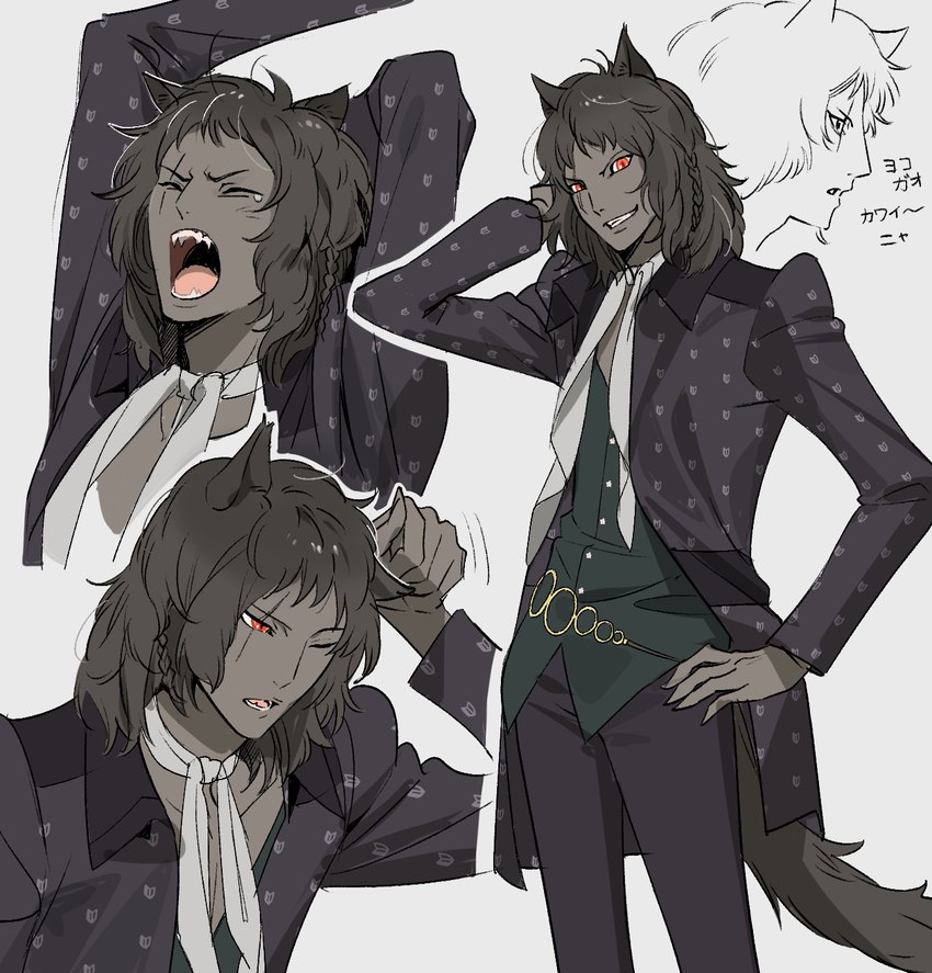 bolo_tie brown_body brown_fur formal_clothing fur grey_body grey_skin hair long_hair male open_mouth red_eyes scar solo yawn nocchan_chicchi metaphor:_refantazio basilio_magnus animal_humanoid canid canid_humanoid canine canine_humanoid humanoid mammal mammal_humanoid wolf_humanoid hi_res