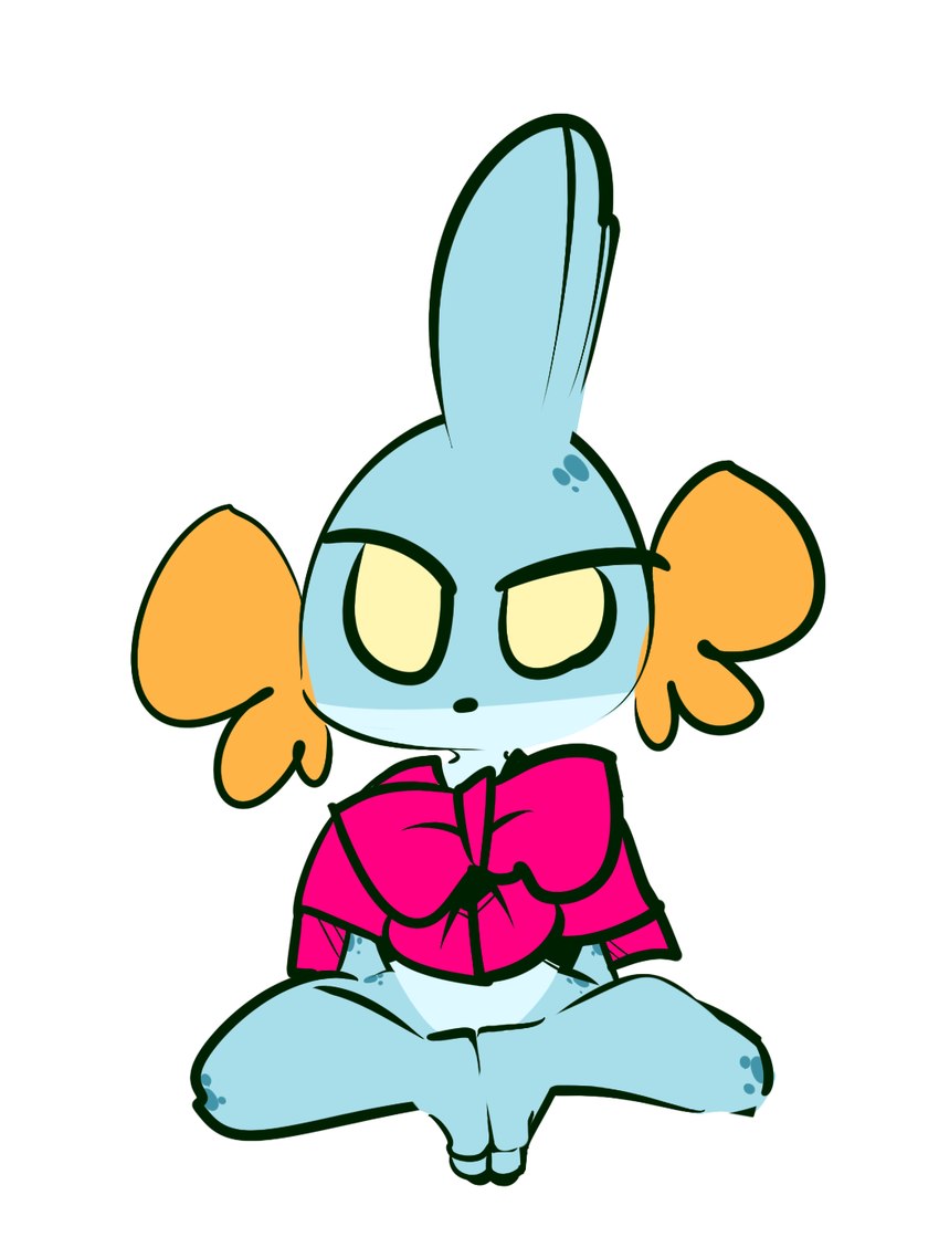 accessory anthro baby blue_body bow_(feature) bow_accessory bow_ribbon cheek_fins clothing feet female fin freckles looking_at_viewer markings simple_background sitting spots spotted_body toes young young_female 1upgobbo nintendo pokemon noh_(1upgobbo) generation_3_pokemon mudkip pokemon_(species) hi_res