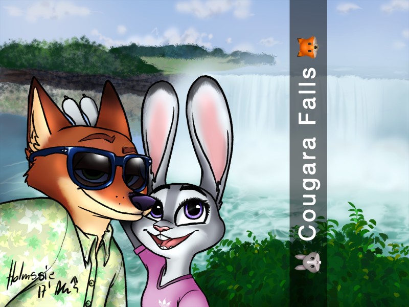 anthro bunny_ears_(gesture) camera_view clothed clothing duo eyes_closed eyewear female gesture happy male male/female open_mouth selfie smile sunglasses text water waterfall holmssie disney snapchat zootopia judy_hopps nick_wilde canid canine fox lagomorph leporid mammal rabbit red_fox true_fox 2017 4:3 english_text hi_res signature