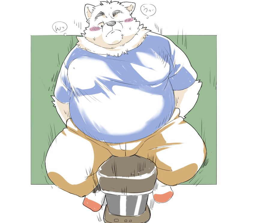 anthro belly blush bottomwear clothing kemono male one_eye_closed overweight overweight_male pants shirt sitting solo text topwear inunoshippo canid canine canis domestic_dog mammal 2022 japanese_text