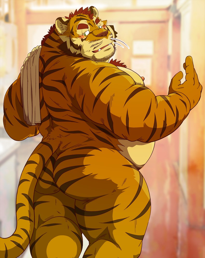 anthro belly blush butt kemono male moobs nipples overweight overweight_male solo towel towel_on_shoulder raichoclub felid mammal pantherine tiger 2023 hi_res