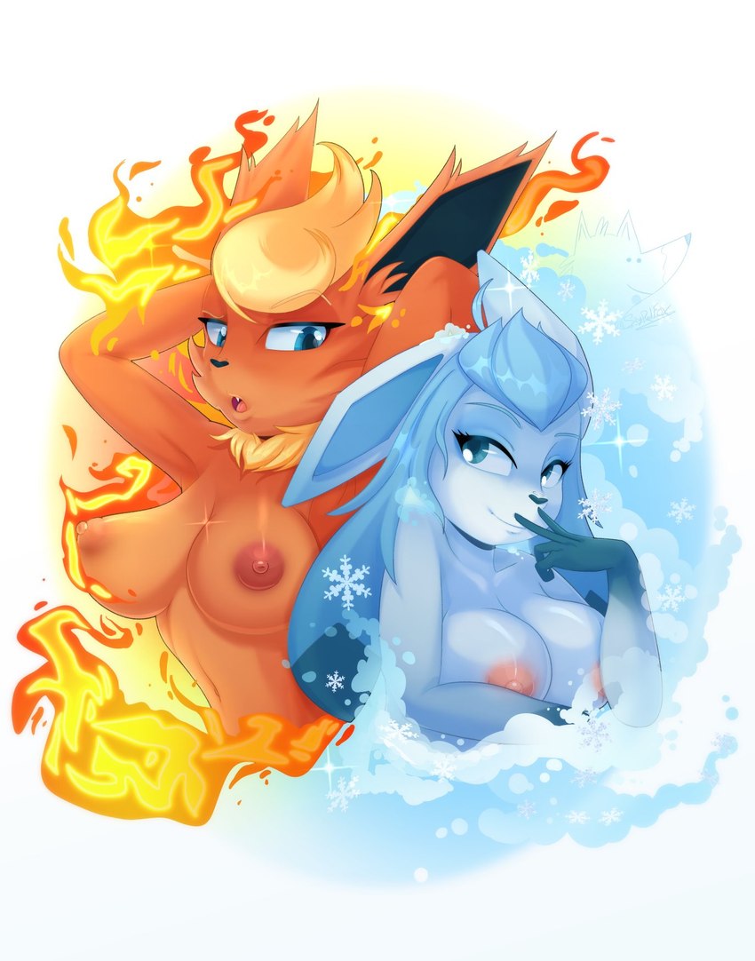 anthro areola breasts duo female nipples nude orange_areola orange_nipples pink_areola pink_nipples spicyredfox fire_and_ice nintendo pokemon eeveelution flareon generation_1_pokemon generation_4_pokemon glaceon pokemon_(species) hi_res