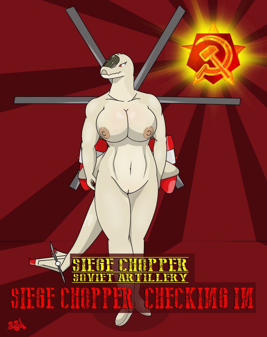 aircraft anthro big_breasts breasts countershading engine female genitals hammer_and_sickle helicopter huge_breasts hyper hyper_breasts machine navel nipples not_furry nude pussy red_eyes russian solo soviet_union standing text vehicle eel_(artist) command_and_conquer electronic_arts red_alert_(series) red_alert_2 yuri's_revenge aircraft_humanoid living_aircraft living_helicopter living_machine living_vehicle 2021 hi_res