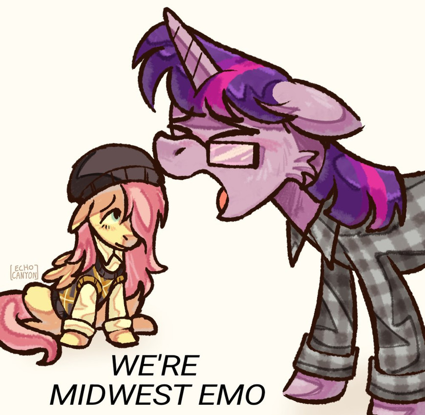 beanie cheek_fins clothing duo eyewear female feral glasses hat headgear headwear horn pattern_clothing plaid plaid_clothing simple_background sweater topwear wings echocanyon friendship_is_magic hasbro my_little_pony mythology we're_emo_(meme) fluttershy_(mlp) twilight_sparkle_(mlp) equid equine mammal mythological_creature mythological_equine pegasus unicorn meme