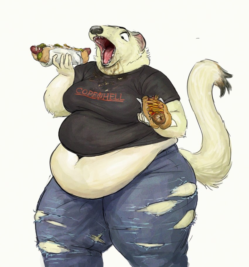 anthro belly big_belly bodily_fluids bottomwear clothing drooling eating female food fur holding_food holding_object hot_dog messy obese obese_anthro obese_female open_mouth overweight overweight_anthro overweight_female pants saliva simple_background solo standing torn_bottomwear torn_clothing torn_pants white_background white_body white_fur cettus maren_sommer mammal mustelid musteline stoat true_musteline weasel 2020 hi_res