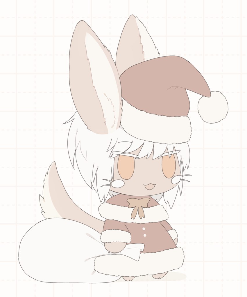 :3 ambiguous_gender anthro bag barefoot big_ears biped brown_body brown_ears brown_fur chibi christmas_clothing christmas_headwear clothed clothing costume countershade_fur countershade_tail countershading feet front_view fully_clothed fur hair hat headgear headwear holding_bag holding_object holidays long_ears monotone_hair multicolored_body multicolored_ears multicolored_fur multicolored_tail open_:3 pattern_background santa_costume santa_hat short_hair simple_background solo standing tail tan_body tan_countershading tan_fur tan_inner_ear three-quarter_view two_tone_body two_tone_ears two_tone_fur two_tone_tail whiskers white_hair tatososu christmas made_in_abyss padoru nanachi lagomorph mammal narehate 2023 5:6 alternate_version_at_source colored digital_media_(artwork) flat_colors full-length_portrait hi_res portrait