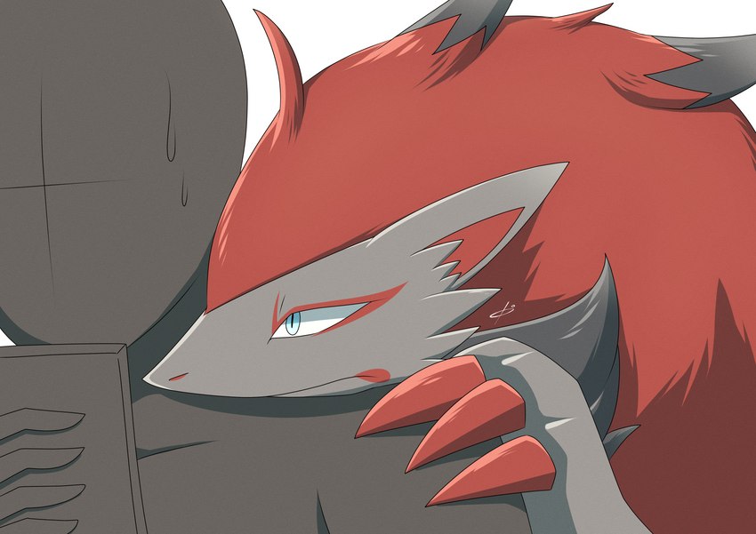 ambiguous_gender anthro black_body black_fur blue_eyes bodily_fluids claws duo electronics eye_markings finger_claws fur hair leaning_on_another looking_at_another markings phone red_body red_claws red_fur simple_background sweat sweatdrop white_background rocking_jjj nintendo pokemon anon canid canine generation_5_pokemon mammal pokemon_(species) zoroark 2022 absurd_res hi_res shaded signature