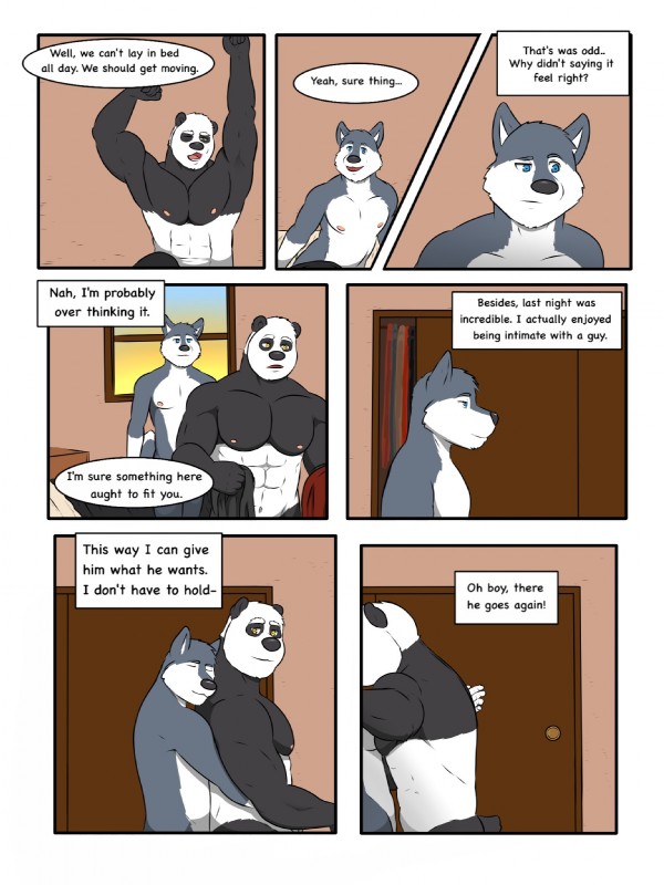 abs anthro biceps dialogue fur male muscular muscular_male nipples pecs text yellow_eyes rain-yatsu seattle_fur garret_(rain-yatsu) rainier_(rain-yatsu) bear canid canine canis domestic_dog giant_panda husky mammal nordic_sled_dog spitz 2017 3:4 comic english_text hi_res