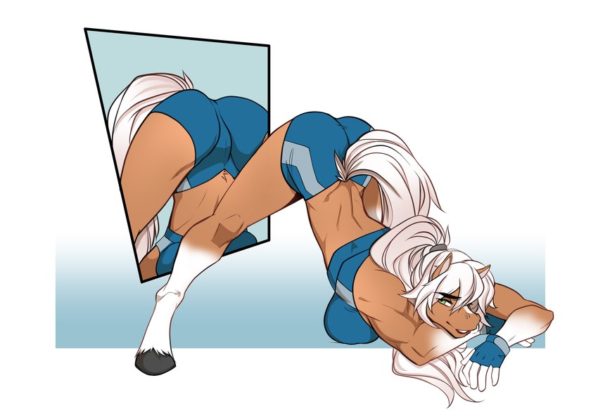 anthro ass_up athletic athletic_female athletic_wear big_breasts bra breast_rest breasts clothing female hair jack-o'_pose meme_pose mirror ponytail pose reflection solo sports_bra underwear lotusgarden haylee_walker equid equine horse mammal 2024 absurd_res hi_res meme