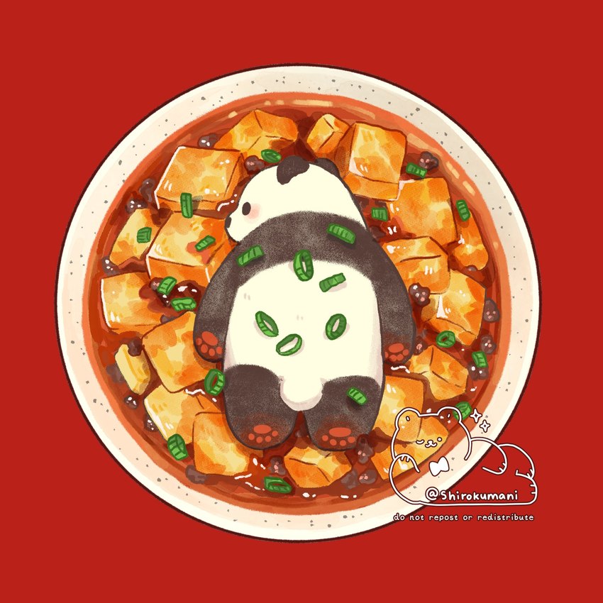 black_body blush chibi comically_large_object detailed_food feral food mapo_tofu micro red_background simple_background white_body shirokumani bear giant_panda mammal 1:1 2021 detailed hi_res