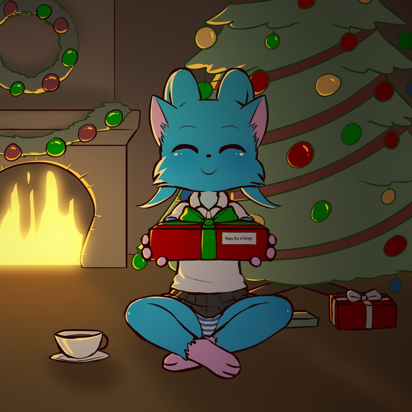 anthro barefoot blue_body blue_fur bottomwear christmas_tree clothed clothing container cup facial_tuft feet female fireplace fur gift happy holidays horn panties plant pointy_ears prick_ears skirt smile solo tree tuft underwear upskirt young e254e christmas neopets clara_(cryotimberwolf) acara_(neopets) neopet_(species) 1:1 absurd_res hi_res