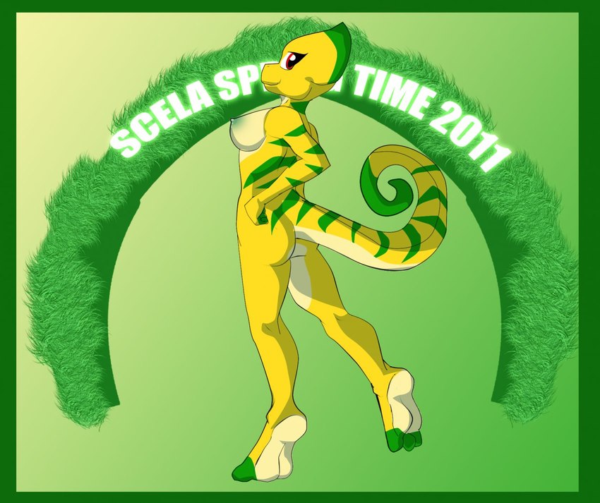 3_toes anthro arch areola breasts butt countershade_feet countershade_torso countershading feet female gradient_background green_areola green_background green_markings green_nipples looking_at_viewer markings nipples non-mammal_breasts non-mammal_nipples nude pose red_eyes scales simple_background smile solo tail text toes yellow_background yellow_body yellow_scales yellow_skin justathereptile scela_(justathereptile) chameleon lizard reptile scalie 2011 digital_media_(artwork) english_text