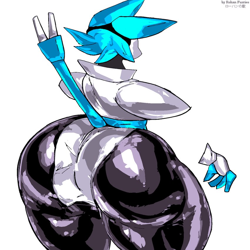 anthro belt big_butt biped black_body blue_hair butt clothing collared_shirt electrical_plug electrical_plug_tail erect_tail female floating_hands hair huge_butt prick_ears rear_view shirt simple_background solo tail text thick_thighs topwear white_background white_clothing white_shirt white_topwear wide_hips rohan_furries deltarune undertale_(series) tasque_manager felid mammal tasque 1:1 2023 artist_name english_text hi_res japanese_text