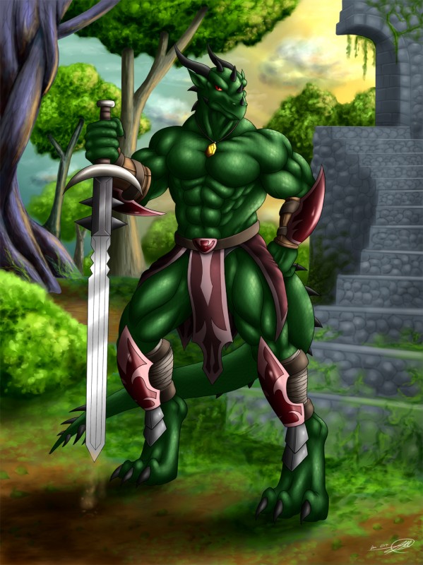 abs anthro biceps big_muscles claws clothed clothing green_body green_scales horn jewelry male melee_weapon muscular muscular_anthro necklace pecs red_sclera scales solo sword toe_claws topless weapon symbolhero varanis_blackclaw reptile scalie hi_res