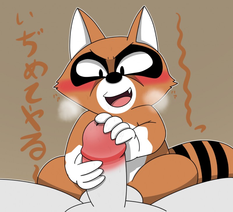 anthro balls blush brown_body brown_fur duo fur genitals handjob humanoid_hands male penile penis sex simple_background sitting solo_focus text takuya_tail third-party_edit bono_bono araiguma mammal procyonid raccoon 2019 censor_removal_edit hi_res japanese_text